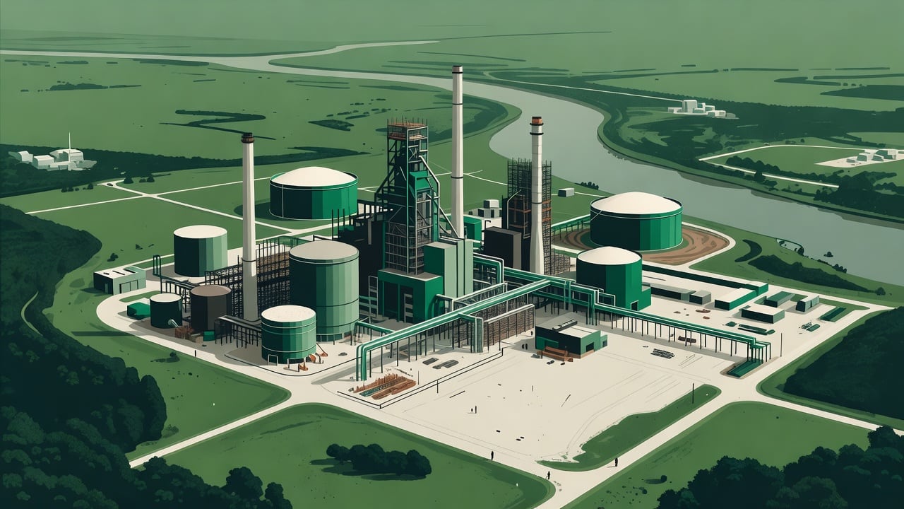 Ilustração do Bairrista sobre: Symbolic, non-literal editorial illustration (no reenactment of the event, no people): Aerial view of a large industrial pulp mill complex u