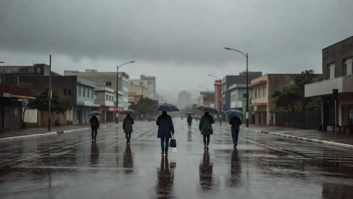 Ilustração: céu nublado com chuva e garoa sobre o Rio Grande do Sul, tema da previsão do tempo para o feriado