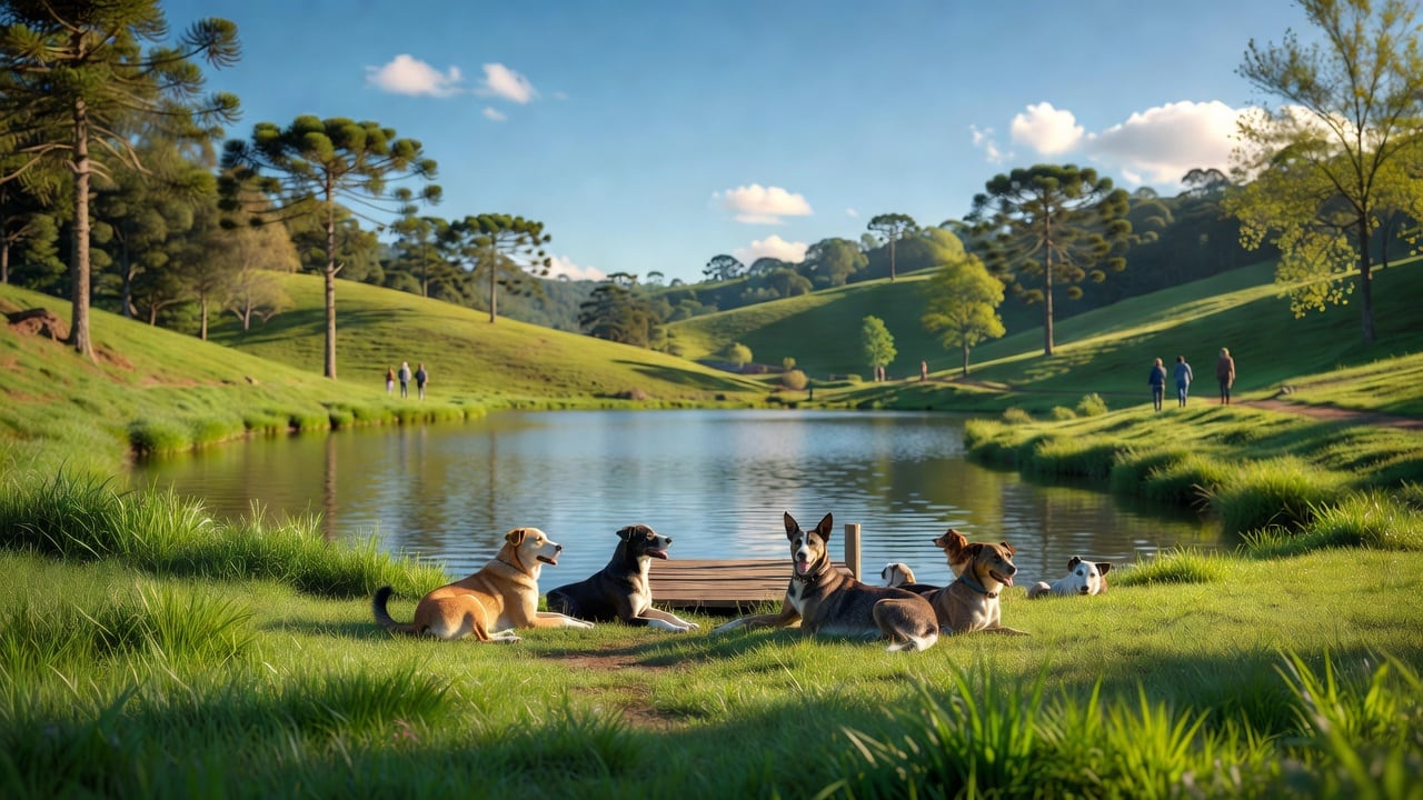 Ilustração: cenário rural de primavera com cavalo e trilha em propriedade, tema do Festival Primavera Rural em Porto Alegre