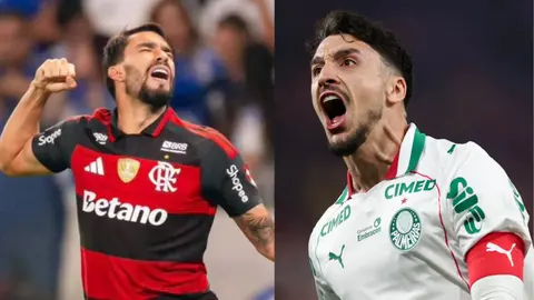 Dois jogadores comemorando: um com a camisa rubro-negra do Flamengo e outro com a camisa branca do Palmeiras.
