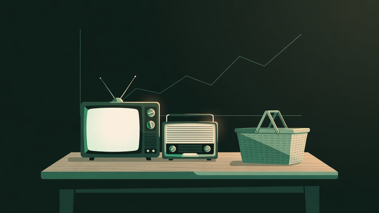 Ilustração do Bairrista sobre: Symbolic, non-literal editorial illustration (no reenactment of the event, no people): A stylized television and an old radio glowing side b