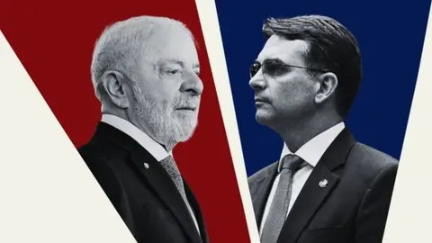 Imagem de divulgação com os perfis de Lula e Flávio Bolsonaro, candidatos que participaram do debate na Band.
