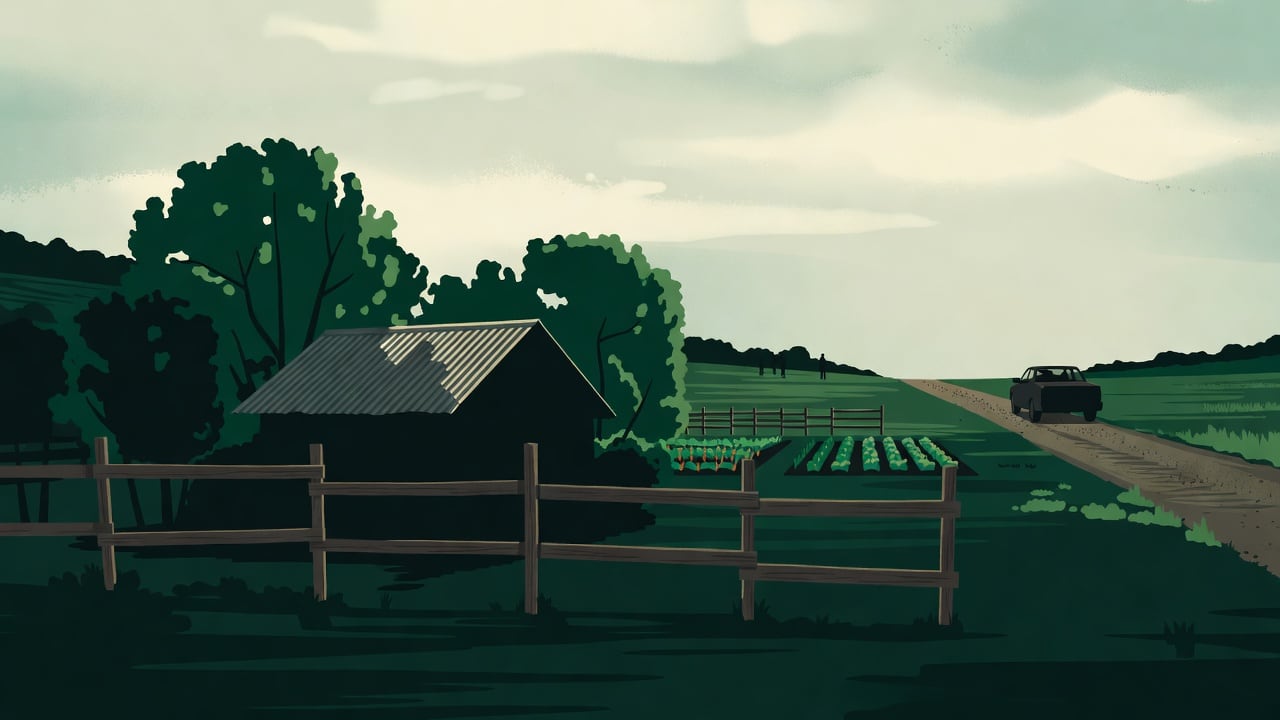 Ilustração do Bairrista sobre: Symbolic, non-literal editorial illustration (no reenactment of the event, no people): A quiet rural hillside property at dusk, with a simpl