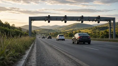 Ilustração: pórtico de free flow com câmeras sobre rodovia de várias faixas, carros passando e colinas verdes ao fundo