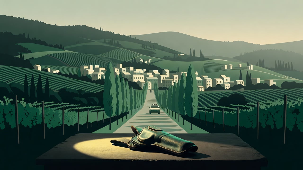 Ilustração do Bairrista sobre: Symbolic, non-literal editorial illustration (no reenactment of the event, no people): A quiet hillside town in a wine-growing region at daw