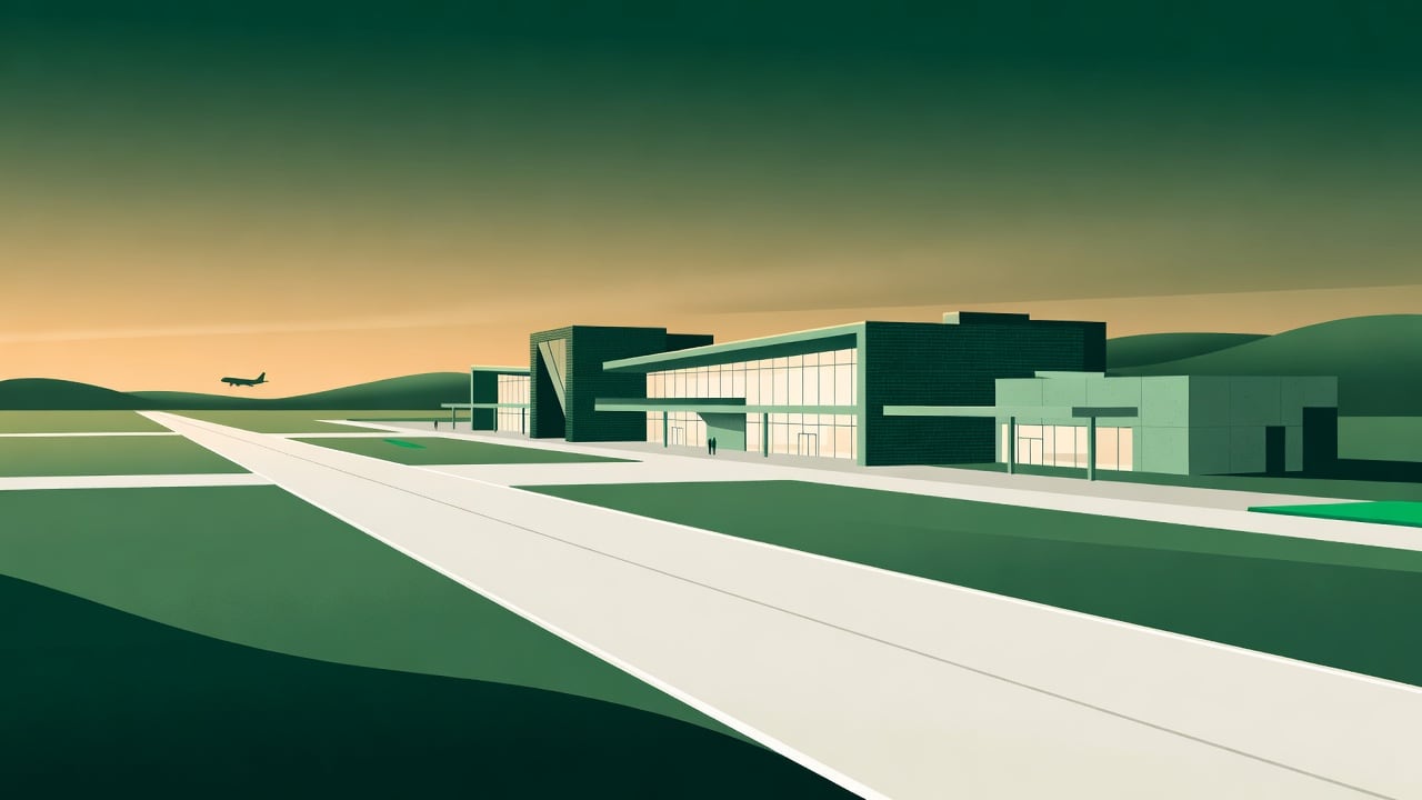 Ilustração do Bairrista sobre: Symbolic, non-literal editorial illustration (no reenactment of the event, no people): A modern regional airport terminal at dusk, with angu