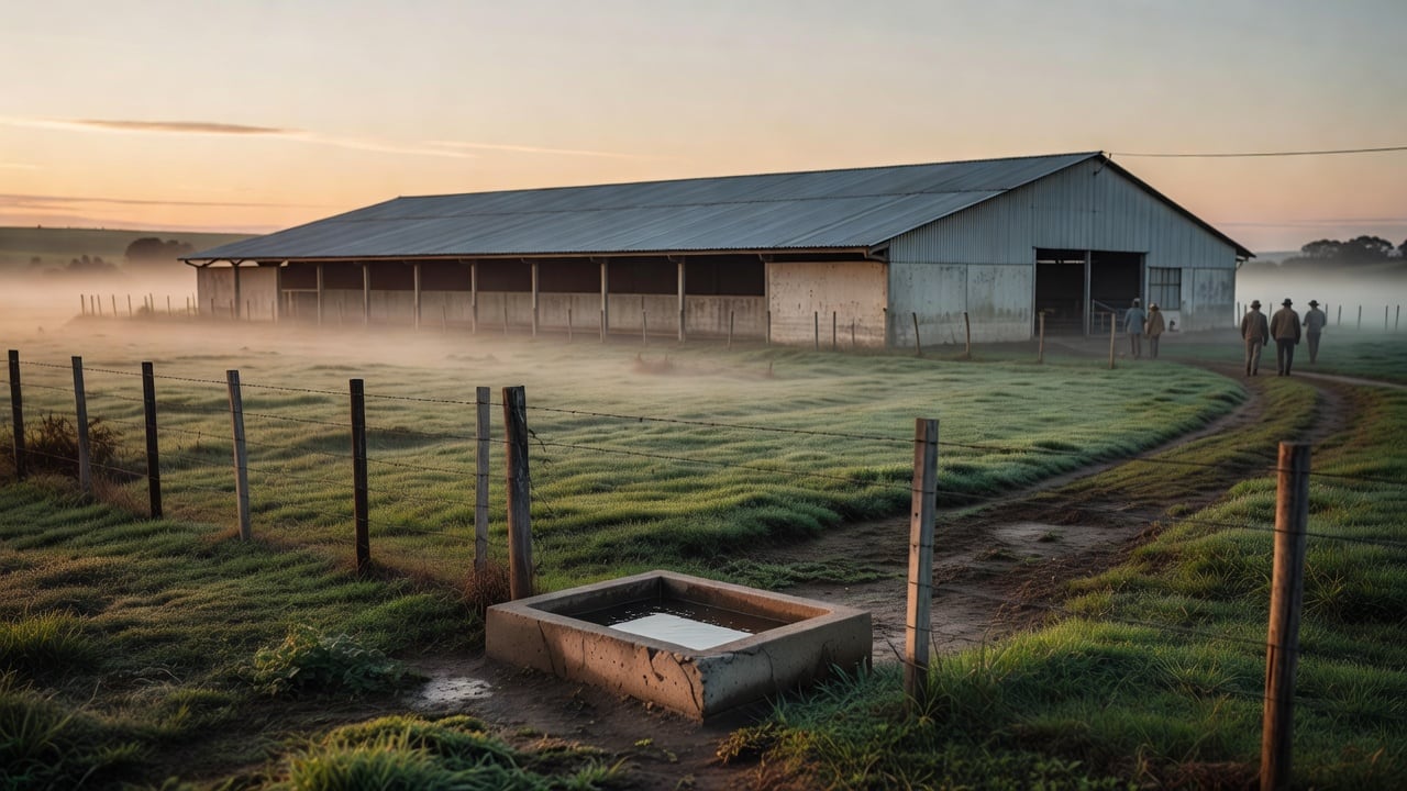 Ilustração do Bairrista sobre: exterior view of a large poultry shed in rural southern Brazil at dawn, metal roof and pale walls, a fence with a disinfection footbath and