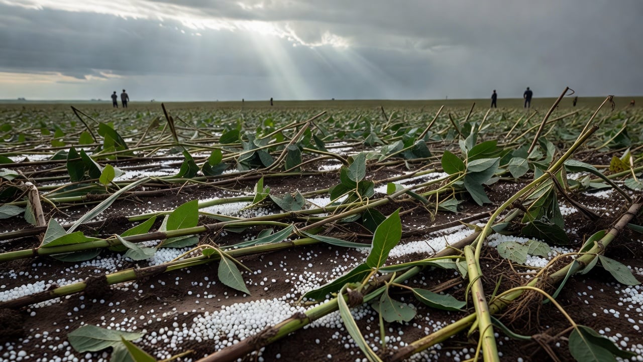 Ilustração do Bairrista sobre: wide view of a flat agricultural field in northwestern Rio Grande do Sul after a storm, crops flattened and bent by wind, scattered hail sto