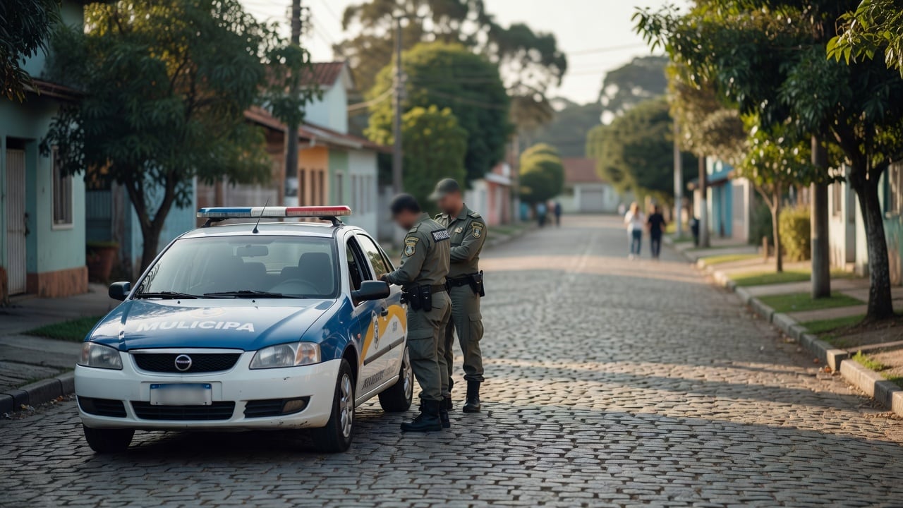 Ilustração do Bairrista sobre: Municipal guard patrol car parked on a quiet residential street in southern Brazil in the late afternoon, with two uniformed officers standi