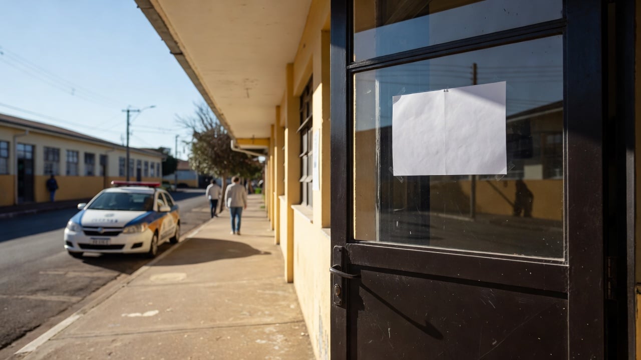 Ilustração do Bairrista sobre: Exterior of a public school in southern Brazil used as a polling place on a sunny Sunday morning, a plain white paper sign on the entrance d