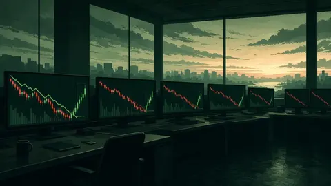 Ilustração: sala de operações escurecida ao entardecer, com fileiras de monitores brilhantes mostrando uma linha vermelha em