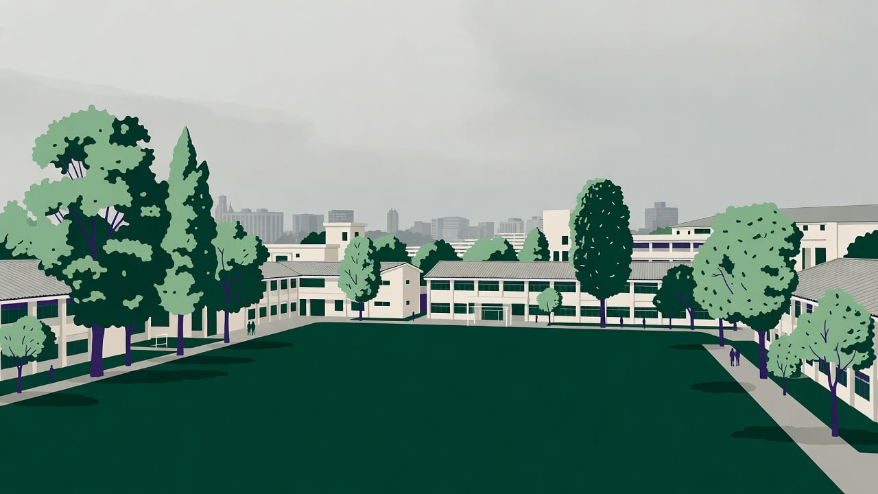 Ilustração do Bairrista sobre: Symbolic, non-literal editorial illustration (no reenactment of the event, no people): An empty institutional campus in a large city on a ha