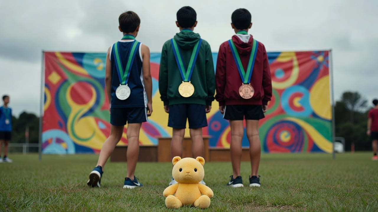 Ilustração do Bairrista sobre: Outdoor youth athletics medal ceremony in overcast daylight, with three gold, silver and bronze medals on green-and-blue ribbons, a small ye
