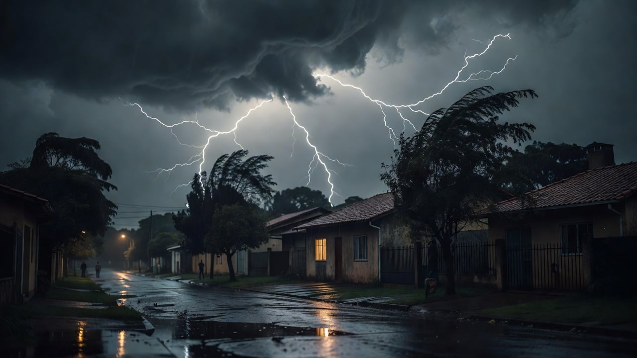 Ilustração do Bairrista sobre: A stormy night over a suburban neighborhood, with bright forked lightning branching across dark, heavy clouds above low houses and tall tree