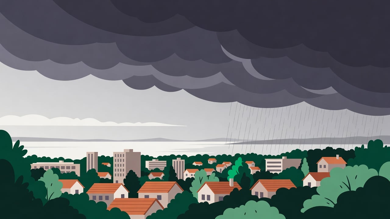 Ilustração do Bairrista sobre: Symbolic, non-literal editorial illustration (no reenactment of the event, no people): A small city under an approaching severe storm, with