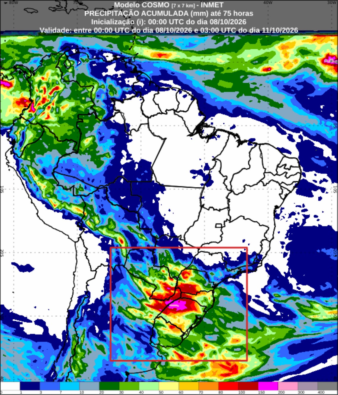 Mapa de precipitação acumulada prevista pelo modelo COSMO do Inmet para o Sul do Brasil. Fonte: Inmet.