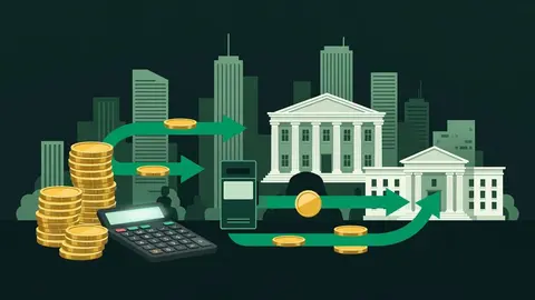 Ilustração: Pilhas de moedas douradas brilhantes ao lado de uma calculadora escura