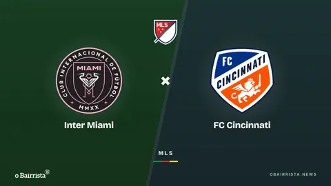 Arte: escudo do Inter Miami e uniforme rosa sobre fundo escuro, com placar de 2 a 2 ao lado do escudo do Cincinnati