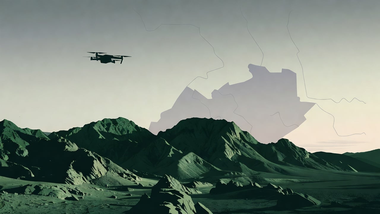 Ilustração do Bairrista sobre: Symbolic, non-literal editorial illustration (no reenactment of the event, no people): Silhouette of a small drone hovering over a dry, rock