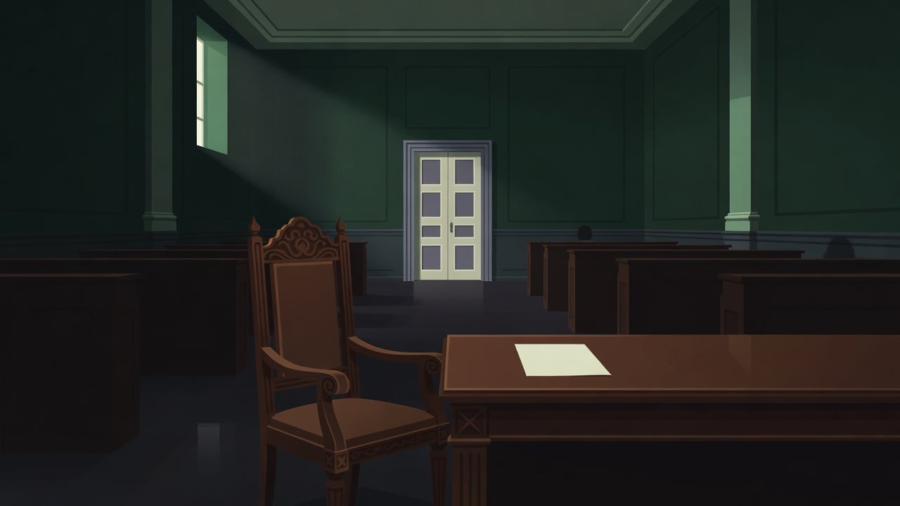 Ilustração do Bairrista sobre: Symbolic, non-literal editorial illustration (no reenactment of the event, no people): An empty ornate wooden chair in a dimly lit governmen
