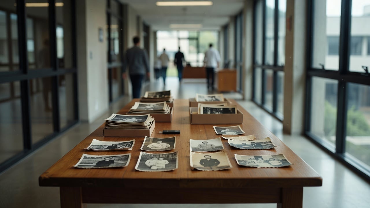 Ilustração do Bairrista sobre: Interior of a modern courthouse hallway in southern Brazil, soft natural light from large windows, wooden table with neat stacks of archival