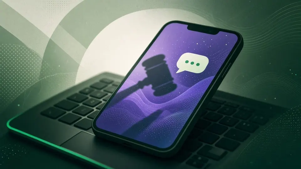 Ilustração: smartphone sobre teclado de notebook iluminado por luz violeta, com a sombra de um martelo de juiz projetada