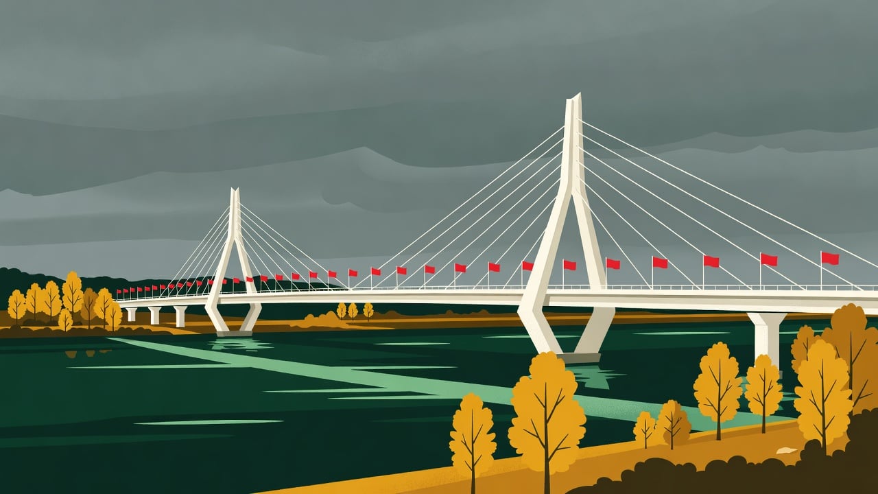 Ilustração do Bairrista sobre: Symbolic, non-literal editorial illustration (no reenactment of the event, no people): A symbolic view of a modern white cable-stayed bridge