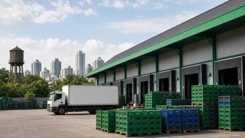 Ilustração: galpão de distribuição de bebidas com telhado verde e docas de carga, caminhão estacionado e prédios ao fundo sob