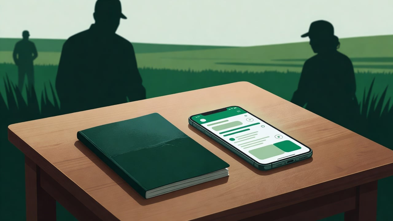 Ilustração do Bairrista sobre: Symbolic, non-literal editorial illustration (no reenactment of the event, no people): A small-business owner's hiring scene: a blue worker'