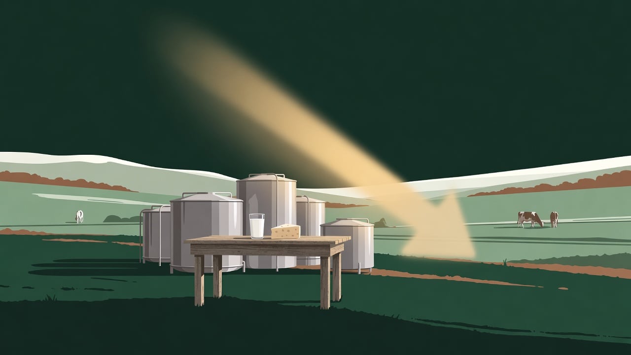 Ilustração do Bairrista sobre: Symbolic, non-literal editorial illustration (no reenactment of the event, no people): A rural dairy farm at golden hour, with stainless mil