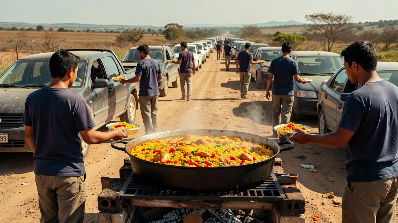 Ilustração do Bairrista sobre: Wide view of a outdoor drive-thru lunch setup on a Brazilian street in the countryside, a large black iron pot of paella on a wood-fired gri
