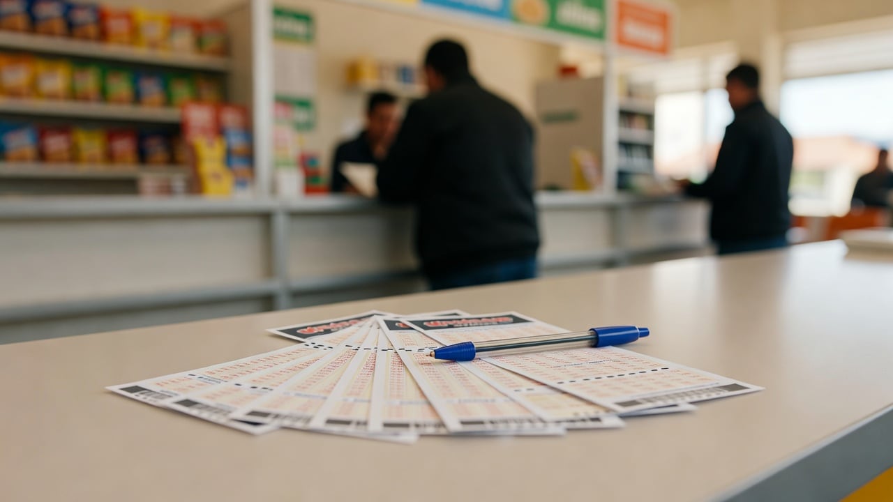 Ilustração do Bairrista sobre: Lottery betting scene: several printed lottery ticket slips and betting cards fanned out on a light surface beside a blue ballpoint pen, wit