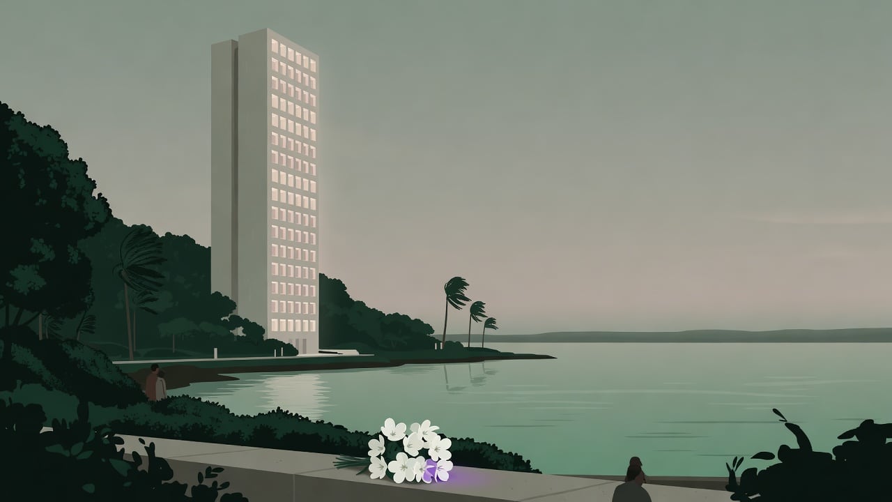 Imagem: Bairrista/IA. Ilustração sobre: Symbolic, non-literal editorial illustration (no reenactment of the event, no people): A tall, quiet vertical memorial building beside a cal