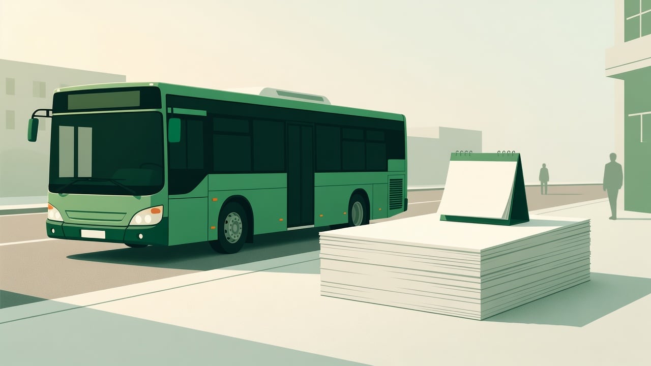 Ilustração do Bairrista sobre: Symbolic, non-literal editorial illustration (no reenactment of the event, no people): A symbolic urban scene: a generic city bus parked at