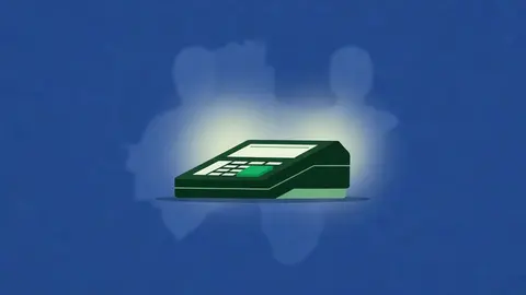 Ilustração: terminal de votação eletrônico estilizado sobre fundo azul-escuro, com a tela mostrando barras de resultado.
