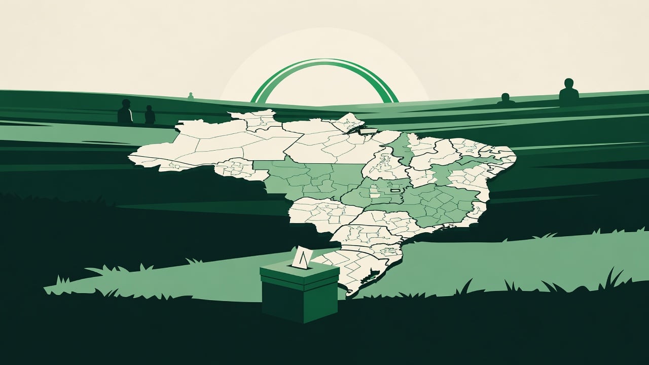 Ilustração do Bairrista sobre: Symbolic, non-literal editorial illustration (no reenactment of the event, no people): A stylized flat map of a southern Brazilian state, it