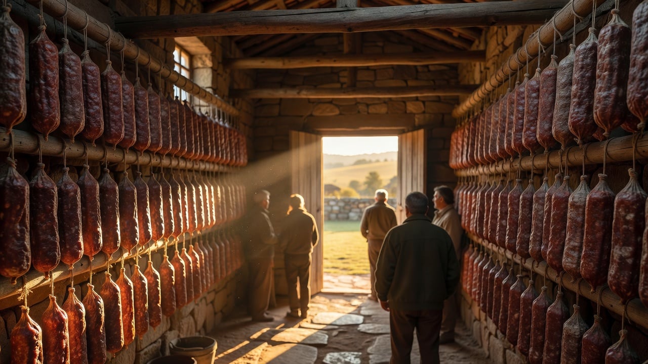 Ilustração do Bairrista sobre: Wide view of cured salami hanging to dry in a rustic farm cellar in southern Brazil, warm natural light from a small window, wooden beams an
