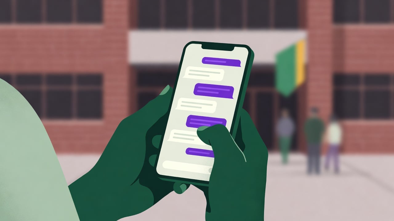 Ilustração do Bairrista sobre: A parent's hands holding a smartphone showing a chat conversation, with a blurred brick public school entrance and a green-and-yellow flag-l