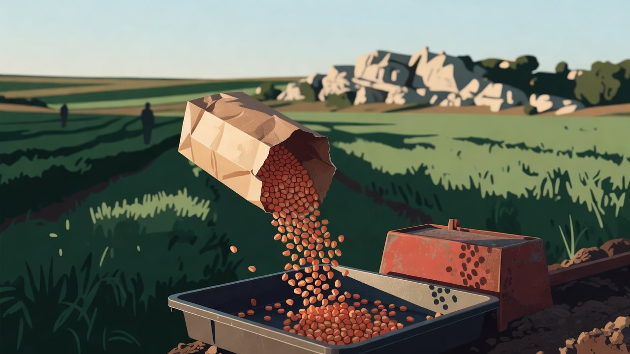 Ilustração do Bairrista sobre: Golden late-afternoon sunlight over a rural field: a torn kraft paper bag pouring a stream of reddish-orange corn kernels into a dark plasti