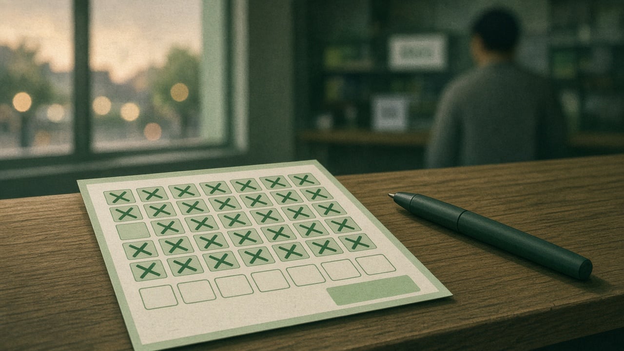 Ilustração do Bairrista sobre: Close-up of a filled-in lottery betting slip with pen marks lying on a wooden counter inside a small Brazilian lottery shop, soft evening li