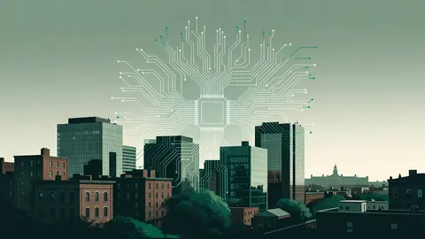 Ilustração: padrão de circuito azul-claro brilhando e irradiando linhas luminosas sobre uma superfície escura.