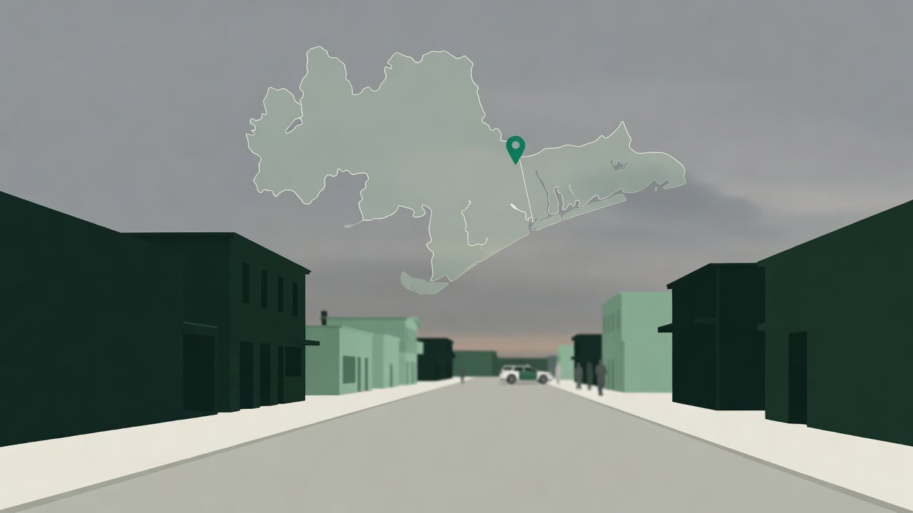 Ilustração do Bairrista sobre: Symbolic, non-literal editorial illustration (no reenactment of the event, no people): A muted, overcast coastal town street at dusk, with a