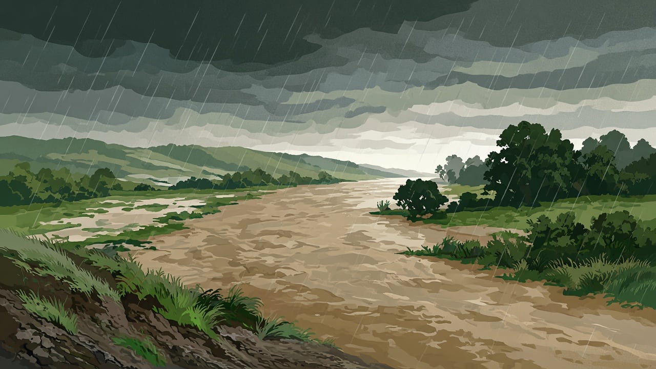 Ilustração do Bairrista sobre: wide view of a swollen rural river in southern Brazil under a heavy dark storm sky, muddy banks partly flooded, green pastures and dense tre