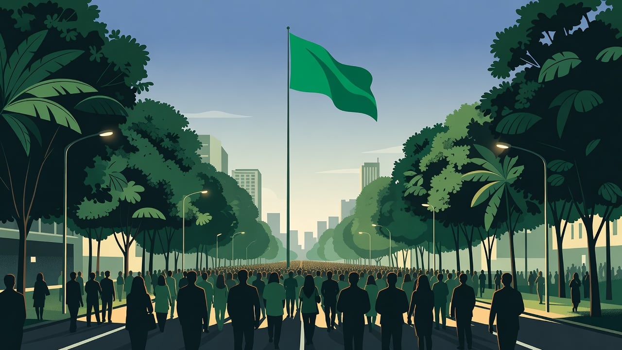 Ilustração do Bairrista sobre: Symbolic, non-literal editorial illustration (no reenactment of the event, no people): A large, dispersed crowd gathers on an open city aven