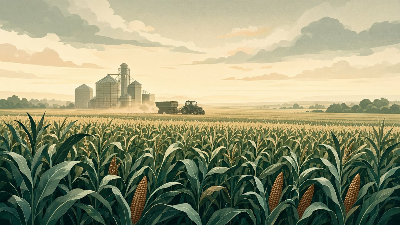 Ilustração: campo de milho dourado até o horizonte, com silos rurais e um trator ao fundo sob céu quente de fim de tarde