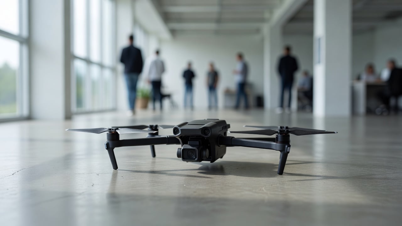 Ilustração do Bairrista sobre: Close-up of a black DJI Matrice 4T quadcopter drone with a gimbal camera resting on a concrete floor in a bright government facility, soft d