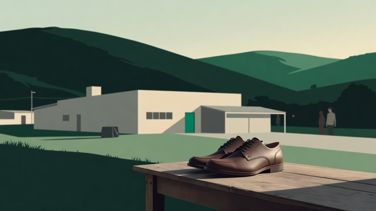 Ilustração do Bairrista sobre: Symbolic, non-literal editorial illustration (no reenactment of the event, no people): A quiet, understated shoe factory exterior in a small