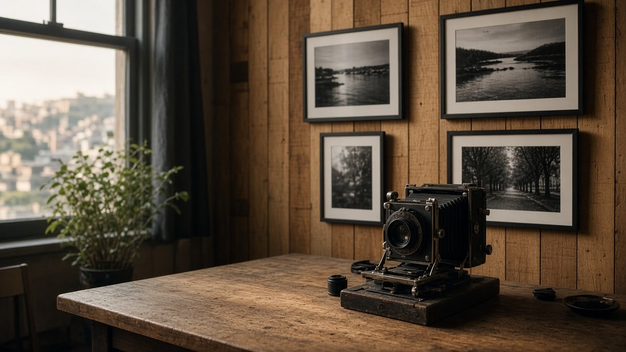 Ilustração do Bairrista sobre: Interior of a quiet photography studio in Porto Alegre, with framed black-and-white prints on a wooden wall, an old film camera resting on a