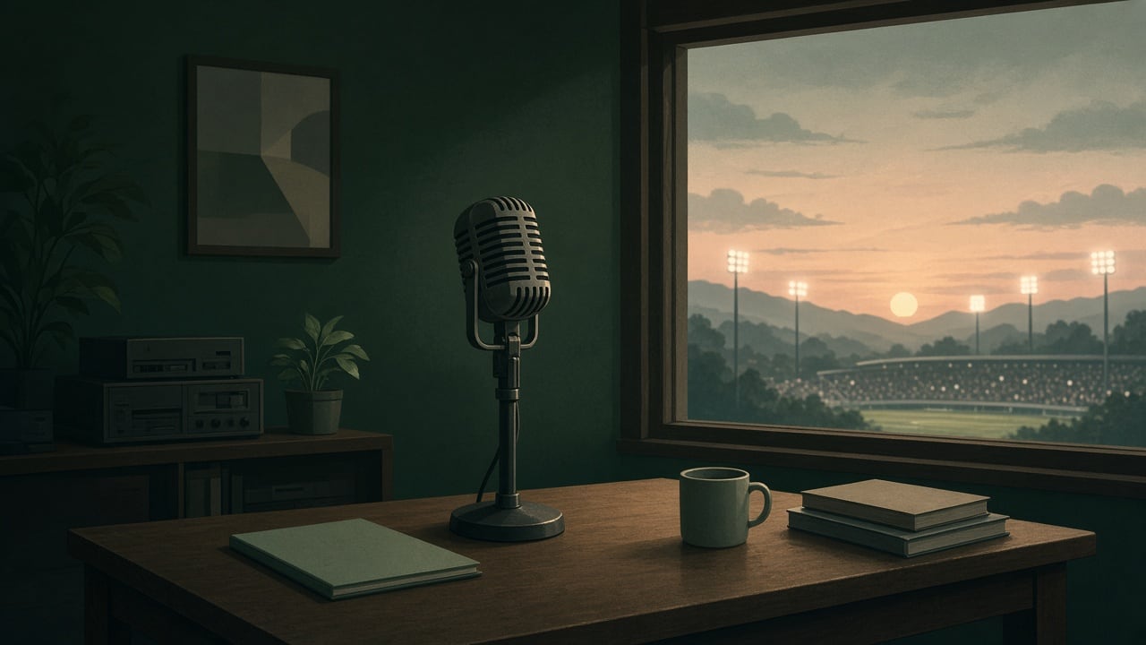 Ilustração do Bairrista sobre: Symbolic, non-literal editorial illustration (no reenactment of the event, no people): An empty, dimly lit radio studio at dusk, with a vint