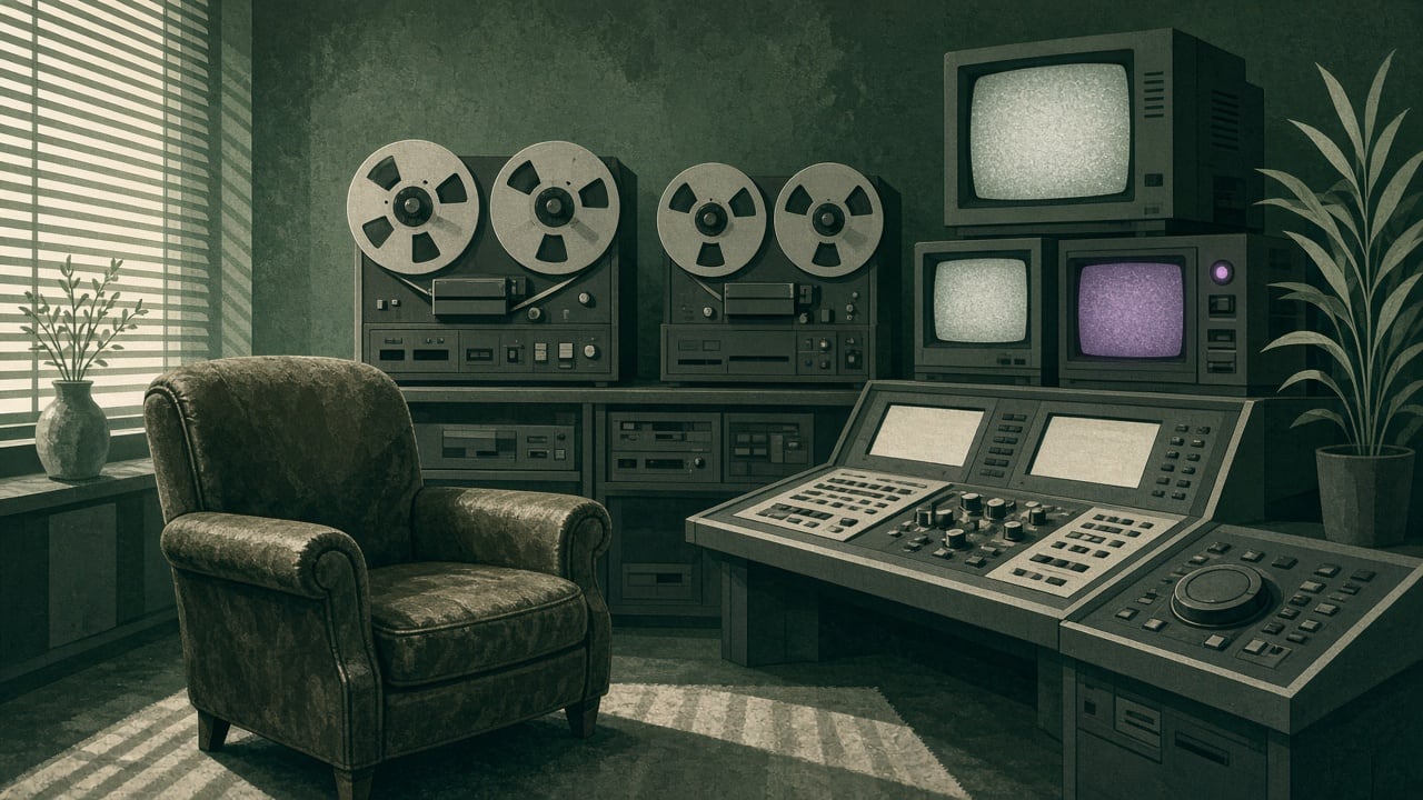 Ilustração do Bairrista sobre: Symbolic, non-literal editorial illustration (no reenactment of the event, no people): A quiet, monochrome vintage broadcast control room wi